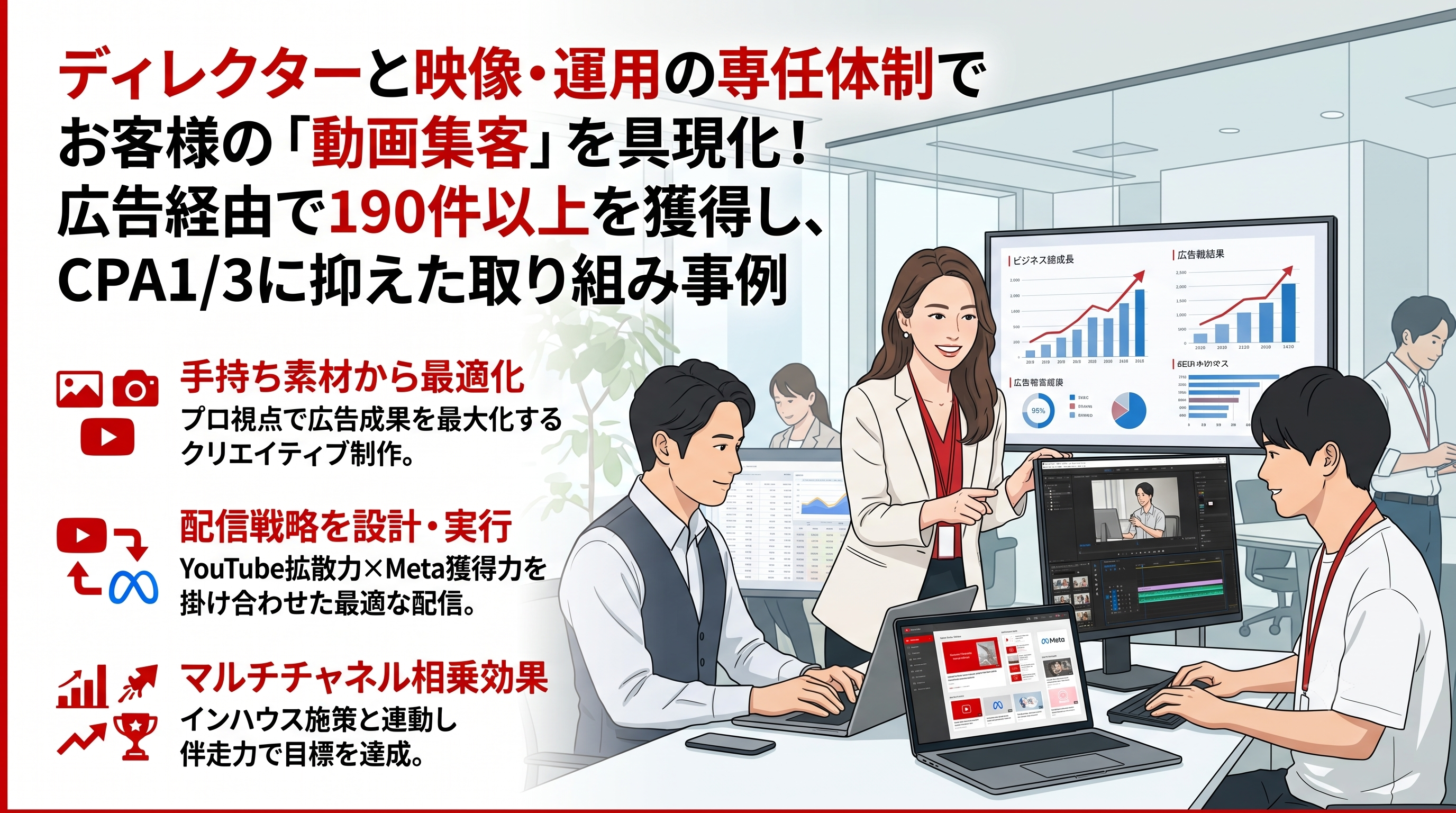 ディレクターと映像・運用の専任体制でお客様の「動画集客」を具現化！ 広告経由で190件以上を獲得し、CPA1/3に抑えた取り組み事例